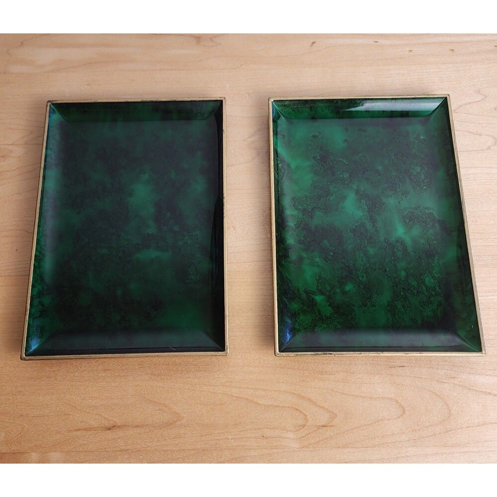 Vintage Otagiri Japan Malachite Lacquerware Trays Set of 2 Green / Gold MCM